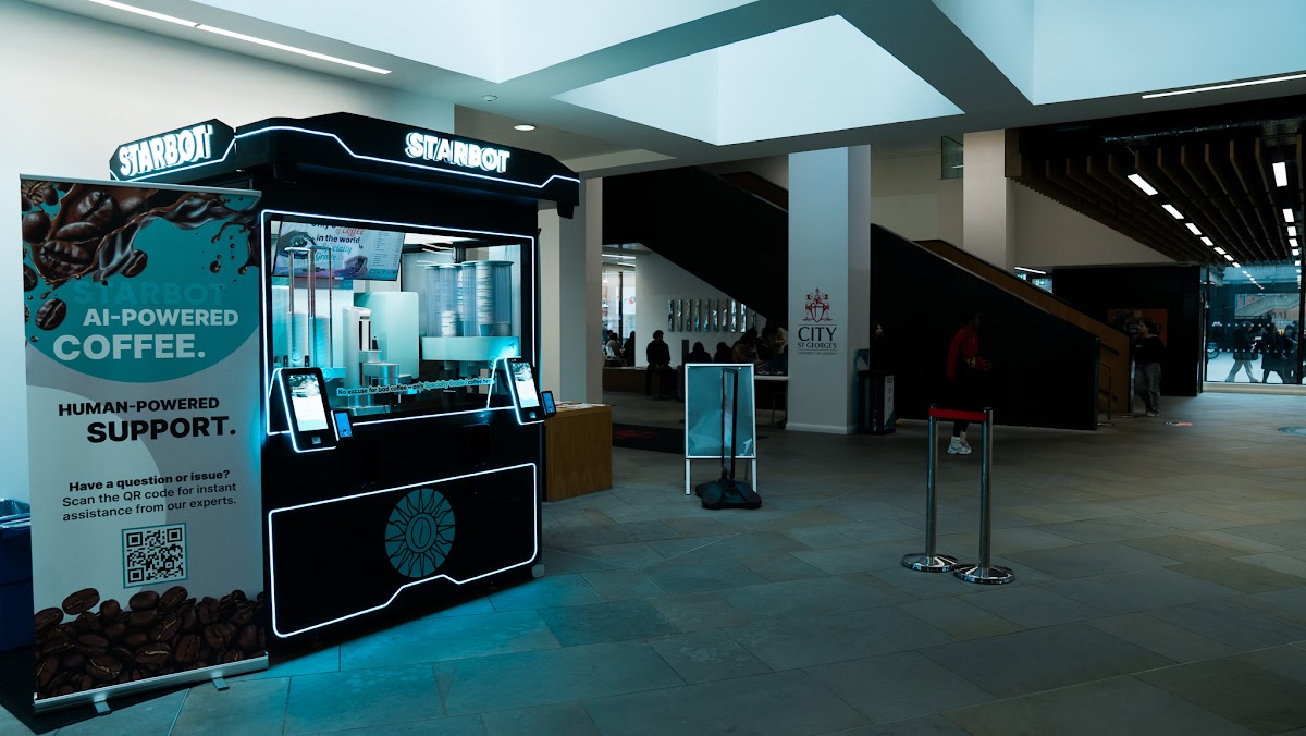 Starbot kiosk in the City St George's lobby (wide view)